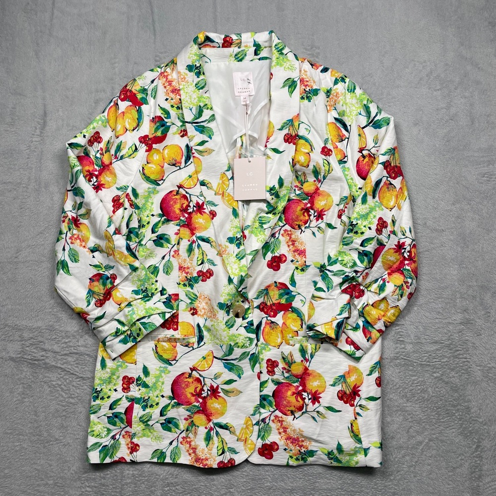 LC Lauren Conrad Blazer Women M White Fruit Print Shawl Collar 3/4 Sleeve NEW
